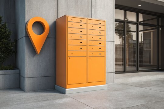 Orange parcel lockers and location marker beside a glass building entrance