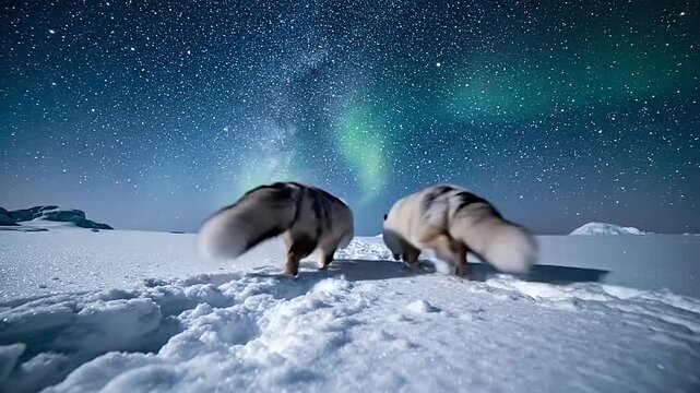 Arctic foxes cautiously explore snow beneath a starry night sky, sniffing the ground and approaching one another across the Arctic tundra