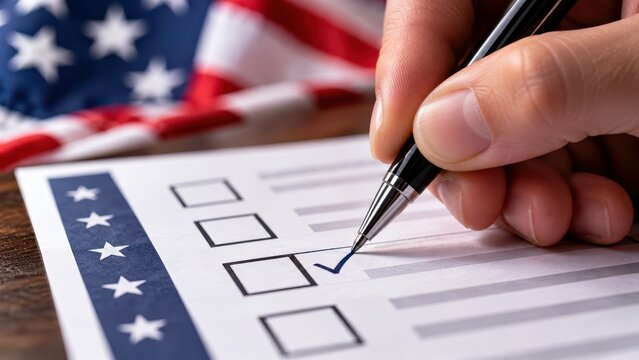 Close Up of Hand Marking Election Ballot with Pen Against American Flag Background Representing Democratic Voting