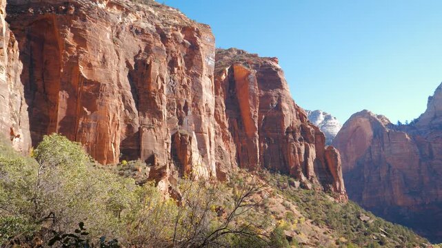 Zion canyons towering red sandstone cliffs and forested mountains in panoramic view beneath a clear blue sky on bright, sunny day in utah state. Rocks monolithic formations in zion national park