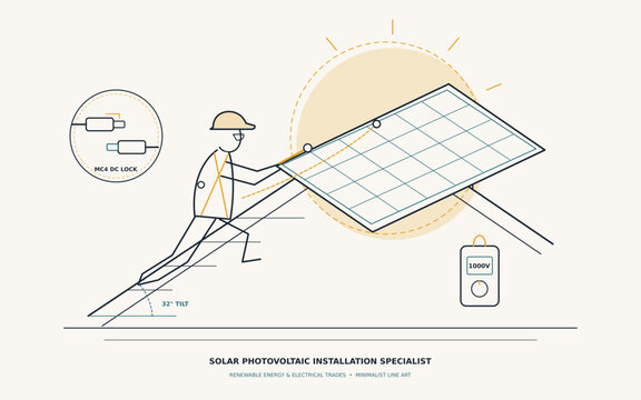 Solar Panel Rooftop Installer with Torque Wrench and MC4 Connector Minimalist Line Art Vector Illustration