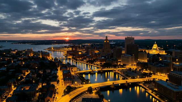 aerial view of providence united states city timelapse from sunset to night video