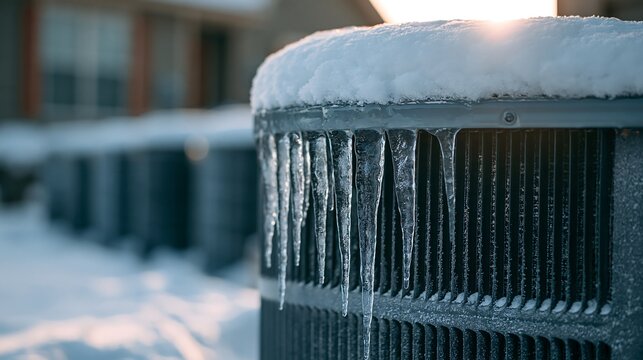 Icicles hanging from a frozen residential HVAC unit covered in snow. Ideal for winter HVAC maintenance, home repair, and seasonal heating service concepts.