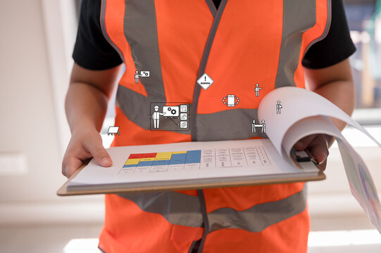 Risk management and workplace safety concept, Woman working with clipboard and hazard report on hand with virtual icon
