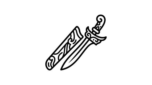 Traditional ceremonial dagger and ornate scabbard line art vector illustration