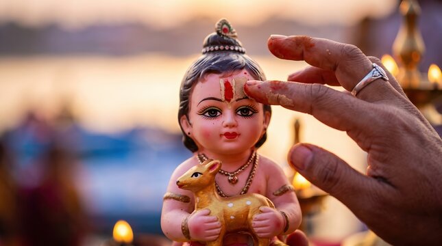 Tilak applied on baby Rama idol with chandan and kumkum. Hindu religious ritual during Sita Navami celebration