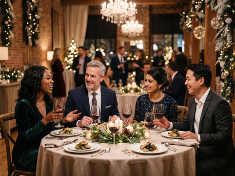 Business colleagues enjoying festive New Year dinner and conversation at an elegant corporate celebration