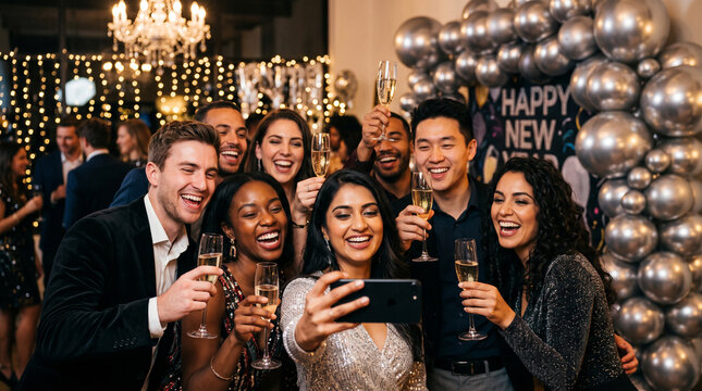 Smiling professionals posing for a group selfie with champagne glasses at an evening celebration, corporate party, friendship and holiday cheer