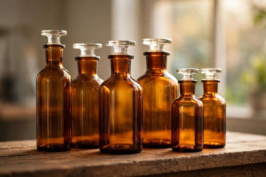 Amber Glass Laboratory Reagent Bottles with Glass Stoppers on Wooden Shelf for Science and Pharmacy Themes