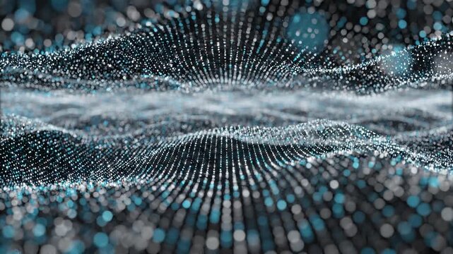 Abstract digital particles form a glowing wave pattern with subtle bokeh during a smooth camera pan