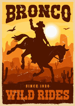 Bronco rider gallops through desert landscape