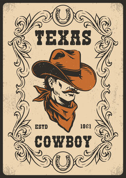 Vintage cowboy poster with ornate frame