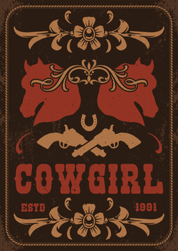 Vintage cowgirl emblem with ornate floral