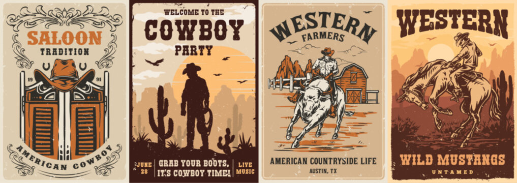 Four vintage western-themed posters with cowboy