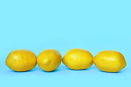 Four lemon fruits on blue background with copy space