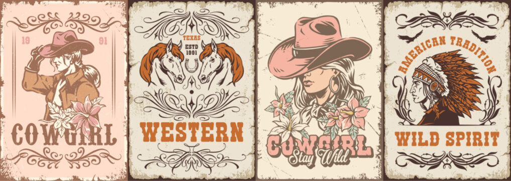 Four vintage western-themed illustrations on aged