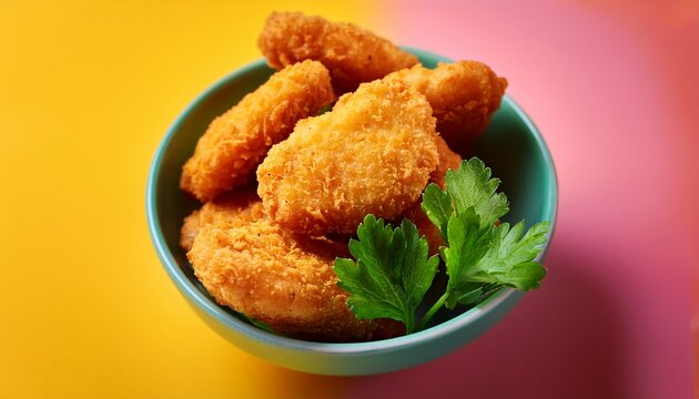 golden crispy chicken nuggets with parsley on colorful background close up of juicy breaded chicken nugget halves floating fried chicken nuggets with crunchy coating and fresh garnish