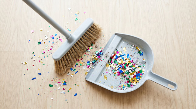 Close-up of broom and scoop on the white background. Sweeping confetti after a party or celebration. Colorful confetti lying on the white background or on the floor. Sweeping trash after party