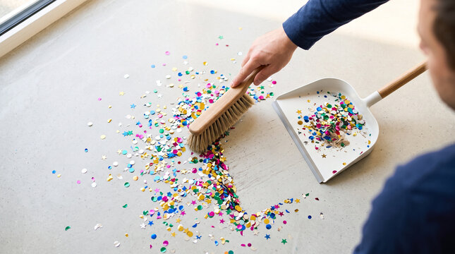 Colorful confetti scattered across a white floor beside a broom and scoop, party aftermath, cleanup routine and sanitation concept