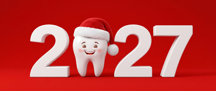 Smiling tooth wearing a Santa hat with white 2027 lettering on a red background, festive New Year dental concept, holiday greeting design