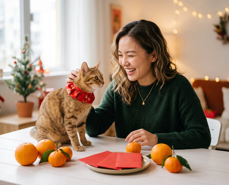 chinese new year concept with asian woman play with cat wearing red chinese traditional cloth with red envelope orange and gold on table