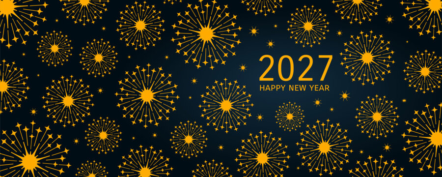 Golden fireworks 2027 Happy New Year illustration, festive backdrop, texture. Abstract geometric design. Exploding pyrotechnics, celebration, party, holiday banner, background. Flat vector