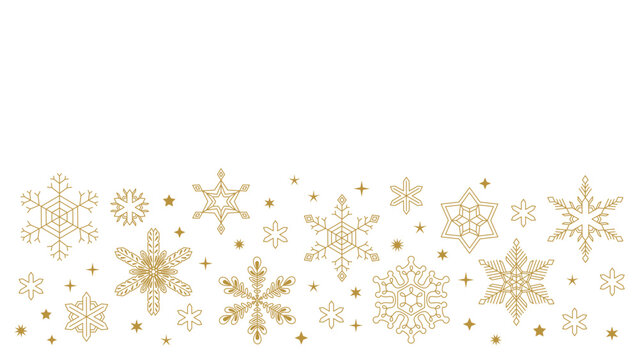 Beautiful golden snowflakes, falling snow and stars border on transparent background. Intricate detailed ice crystal shapes. Christmas, New Year, winter holidays design elements. Vector illustration