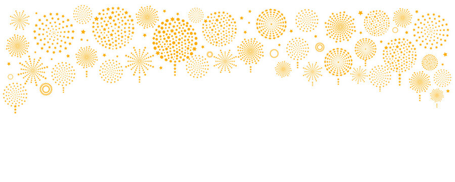 Golden fireworks 2027 Happy New Year illustration, border with copy space. Abstract geometric design. Exploding pyrotechnics, celebration, party, holiday banner, background. Flat vector