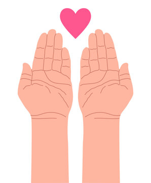Pair of realistic human hands with open palms, heart illustration isolated. Volunteer work, care, friendship, affection, empathy, kindness, love concept. Hand drawn vector clip art, design element