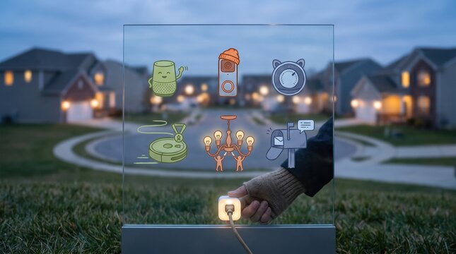Hand plugging in a smart plug with overlays of a smart speaker, security camera, alarm clock, robot vacuum, chandelier and mailbox, smart home automation for New Year's Eve at home
