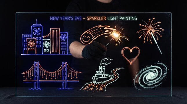 Hand creating light painting icons of fireworks, city buildings, bridge, steamship and galaxy, urban skyline fireworks celebration on New Year's Eve
