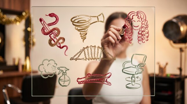 Hand drawing icons of a salon chair, spray bottle, woman's hair, bridge and snake, hairstyle and makeup beauty salon services for a glamorous New Year's Eve look