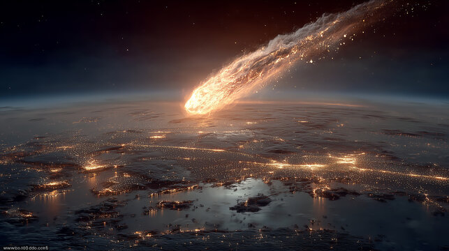 Fireball descent over dark Earth curvature. Sparkling urban centers glow in night darkness