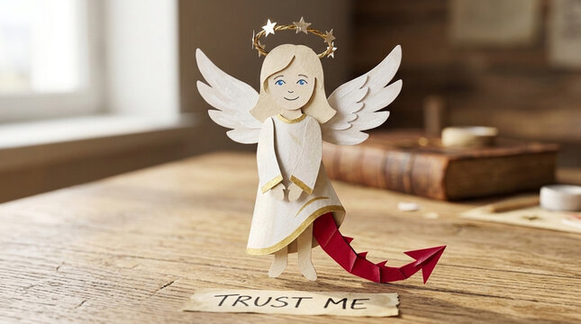 Whimsical Paper Angel with Hidden Devil Tail and Trust Me Note