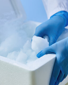 Cold chain vaccine transport technician opening insulated cooler with dry ice vapor in laboratory