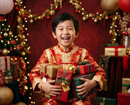 Cheerful Asian child holding colorful gift boxes in festive red attire, Chinese New Year holiday, cultural heritage and seasonal celebration