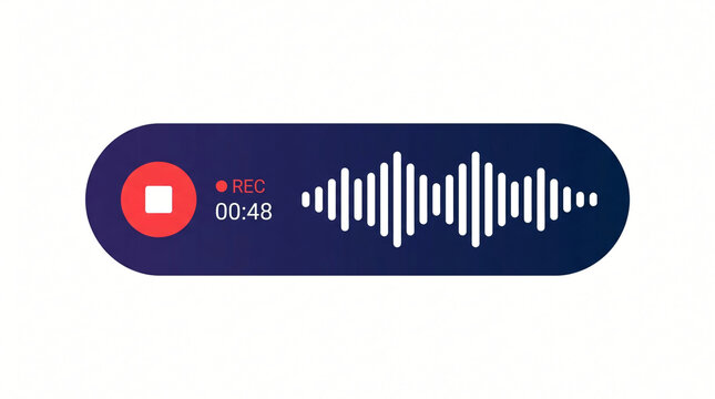 Flat vector media player user interface component of an audio voice note message with symmetrical white sound wave frequency tracks and red stop recording key button on solid white background