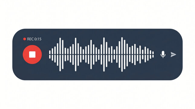 Flat vector media player user interface component of an audio voice note message with symmetrical white sound wave frequency tracks and red stop recording key button on solid white background