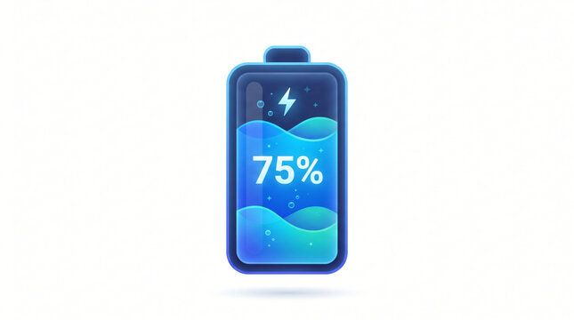 Close-up flat vector user interface icon of a smart battery power charge level status with clean blue liquid fluid dynamic wave indicator showing percentage isolated on white background design