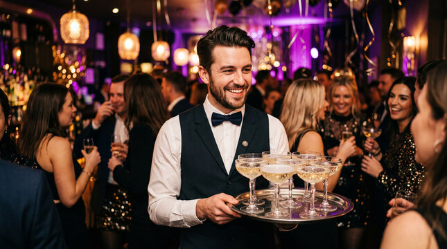 Happy waitress holding a tray of welcome drinks at an event, professional hospitality service, guest reception and elegant celebration