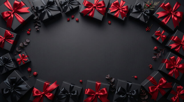 Black Friday promotional banner with a repeating gift box pattern, red bows and gold sale lettering on a black background, premium shopping event, vector graphic