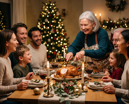 Smiling elderly woman offering roasted chicken to relatives during a family dinner party, warm home atmosphere, togetherness, food sharing and holiday traditions