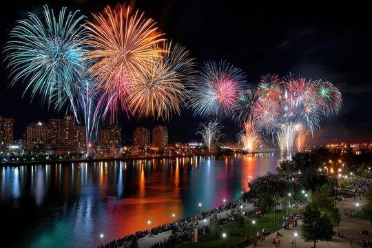 Fireworks over river with crowd watching at night