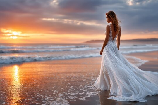 Elegant woman in flowing white dress walks along beach at sunset near ocean waves
