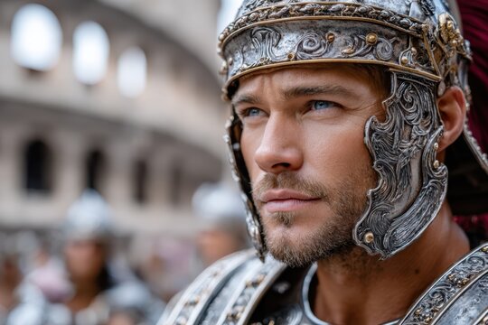 Roman soldier portrait capturing intensity in ancient arena setting