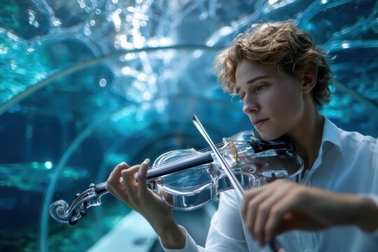 Young man plays violin underwater in an aquarium setting, creating a magical atmosphere