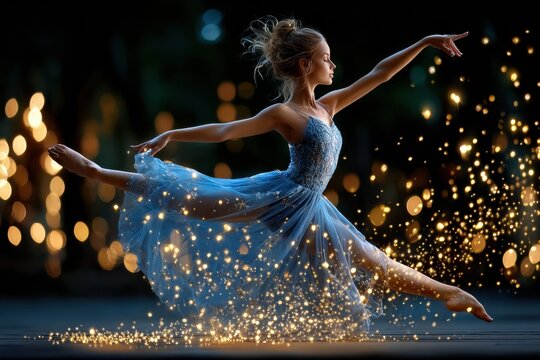 Young dancer performs a graceful leap while surrounded by shimmering lights in an enchanting setting