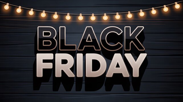 Black friday sale announcement with illuminated marquee letters and string lights