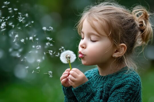 Young girl blowing dandelion seeds in a lush green garden during springtime