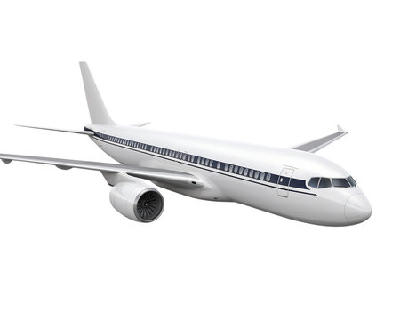 A 3D rendered white passenger airplane with a dark blue stripe along the fuselage, viewed from a side angle against a solid black background, isolated on a, transparent background